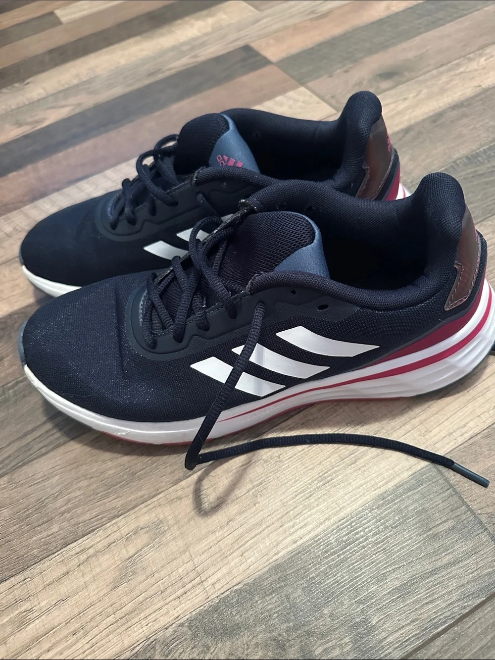 adidas Navy and White Running Shoes with Pink Trim